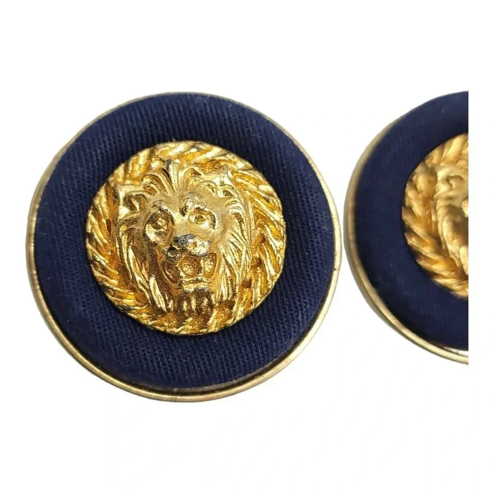 Navy Blue Fabric Gold Tone Lion Large Vintage Clip Earrings
